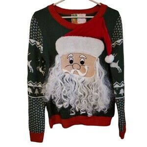 Merry Christmas Women's Ugly Sweater Small Santa Face Beard Christmas Green Red